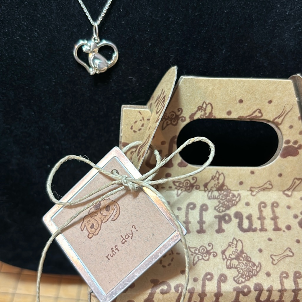 925 Solid Sterling Silver Dog And Heart Necklace 18.5”L Spring Ring Clasp W Box